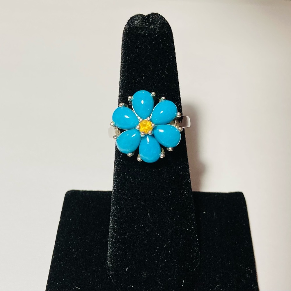 🎉HOST PICK🎉 Vintage Turquoise and Citrine Sterling Silver Flower Ring